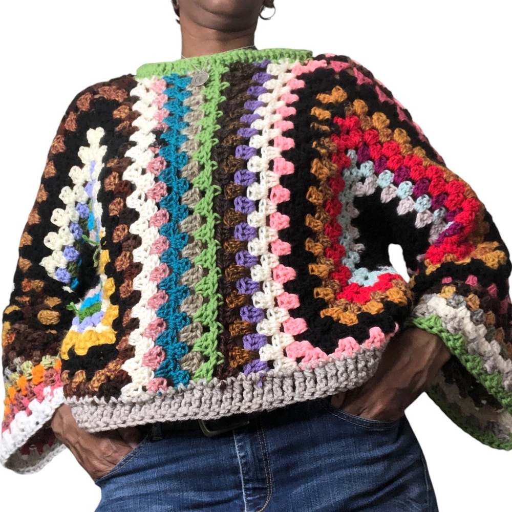 Multi-Color Artisan Cropped Pullover Bohemian Style Sweater - Picture 11 of 14